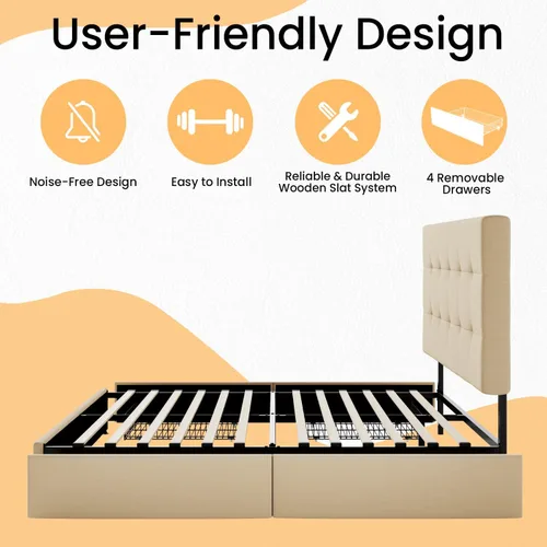 Vista 9 de SHA CERLIN Base de cama de plataforma tamaño matrimonial tapizada con 4 cajones de almacenamiento, cabecero ajustable con diseño cosido en cuadrados