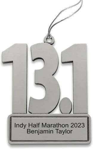 Vista 2 de Indiana Metal Craft Half Marathon 13.1 Adorno de Navidad personalizado con grabado personalizado, adorno de peltre de 2 pulgadas para acabadores