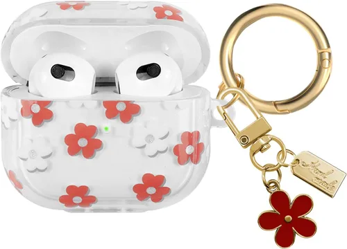 Vista 10 de Funda compatible con AirPods 3 2021, TPU suave con bonito patrón de flores para AirPods de 3ª generación con llavero de flores y mosquetón para Negro