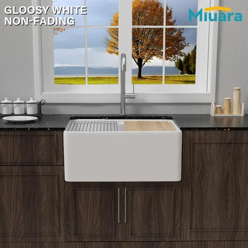 Vista 9 de Miuara Fregadero blanco con estación de trabajo de granja de 24 pulgadas, fregadero de cocina frontal con delantal de arcilla refractaria pequeño