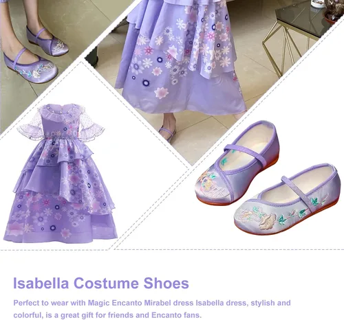 Vista 4 de Zapatos de disfraz de Encanto para niñas, Mirabel Isabela Madrigal, bordado floral, Mary Jane, zapatos planos, zapatos de vestir de princesa