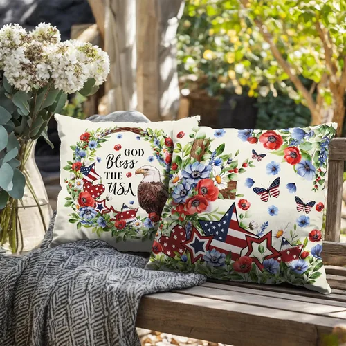 Vista 7 de Juego de 2 fundas de almohada de 16 x 16 pulgadas con diseño patriótico floral y estrellas de la independencia del Día de los Caídos, fundas
