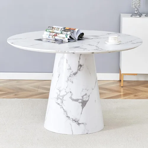 Vista 10 de Mesa de comedor redonda de 45 pulgadas, mesa de comedor redonda con pedestal para 4 One-Piece Round Tabletop, Faux Marble-Look, Stable Pedestal