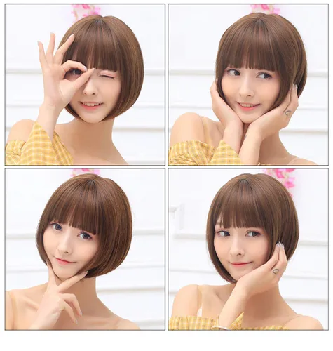 Vista 3 de LXUE Toppers de pelo estilo Bob de 11 pulgadas con flequillo para mujeres con cabello blanco adelgazante, tipo delgado, marrón oscuro