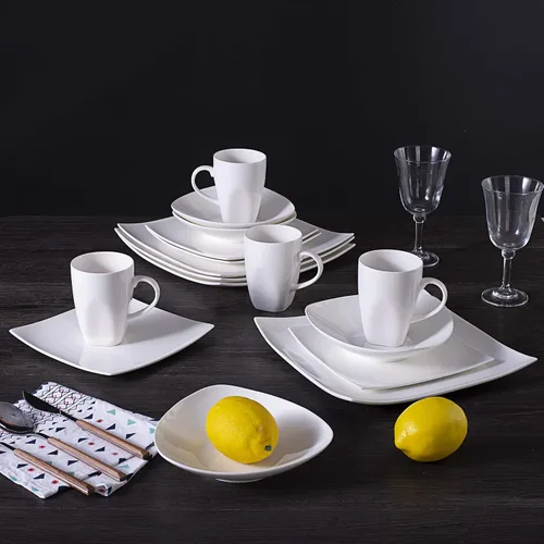 Vista 2 de Bone China - Juego de vajilla cuadrada de 16 piezas, color blanco Cuadrado blanco