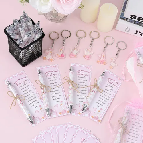 Vista 4 de 145 bolígrafos y llaveros de ganso rosa para baby shower, regalos para niñas, bolígrafos retráctiles para baby shower, revelación de género