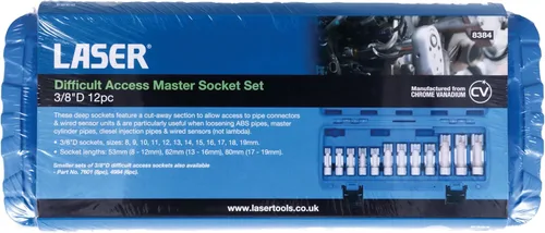 Vista 4 de Laser 8384 Difficult Access Master Socket Set 3/8" D 12pc 3/8" D sockets, tamaños Fabricado en cromo vanadio y se suministra en una caja