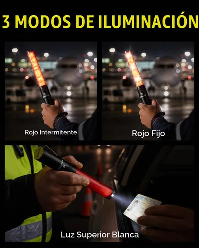 Vista 7 de Varita de Tráfico Recargable de 10 Pulgadas, Bastón de Control de Tráfico Rojo con LED Blanco en la Parte Superior, Varita de Marshalling Aéreo