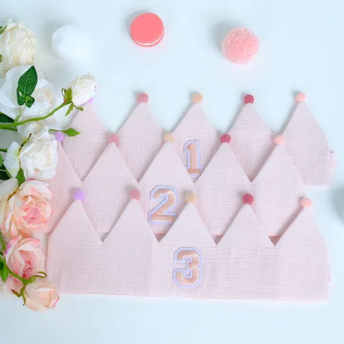 Vista 6 de Muslin Crown Hat First Years Birthday for Baby Girl Party Decoration Pink Headband Rosa