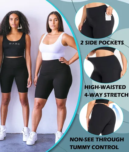 Vista 6 de NEW YOUNG Paquete de 3 pantalones cortos de ciclismo de talla grande con bolsillos para mujer, pantalones de yoga de cintura alta de 8 pulgadas
