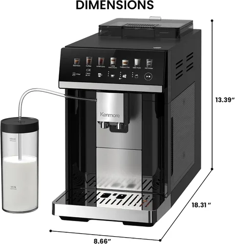 Vista 7 de Kenmore Cafetera Automática Completa - Con Molinillo, Espumador de Leche y Vaporizador, Tamper Automático, Máquina de Espresso Descalcificadora