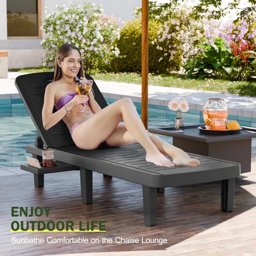 Vista 2 de CDCASA Chaise Lounge al aire libre, sillas de piscina multifuncionales con 5 posiciones ajustables y bandeja lateral, salas de resina impermeables