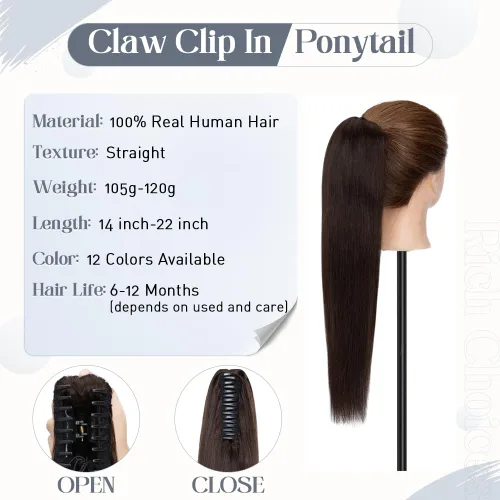 Vista 93 de Rich Choices Extensión de cola de caballo con clip de garra, cabello humano real, una pieza, extensiones de cabello largo Remy para mujer, #18P613