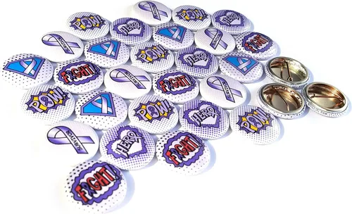 Vista 2 de Pasadores de concientización de superhéroe, color morado lavanda (pines de 1 pulgada, juego de 30 piezas), Mylar