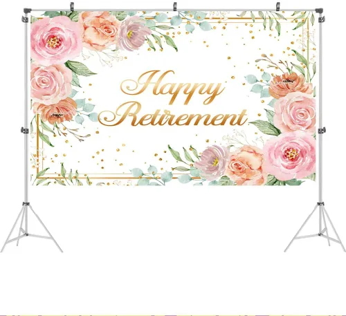 Vista 2 de Ticuenicoa Telón de fondo de feliz jubilación de 5 x 3 pies para mujer, fondo de fotos de lunares rosas rosas y dorados, decoración de fiesta