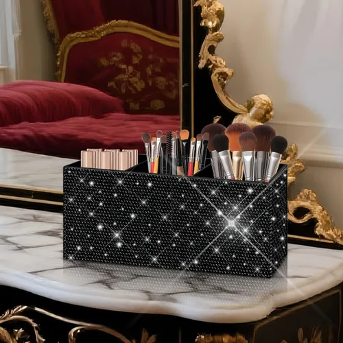 Vista 2 de Bling - Organizador de brochas de maquillaje, 3 ranuras para cosméticos, soportes de almacenamiento con diamantes de imitación brillantes, bonito
