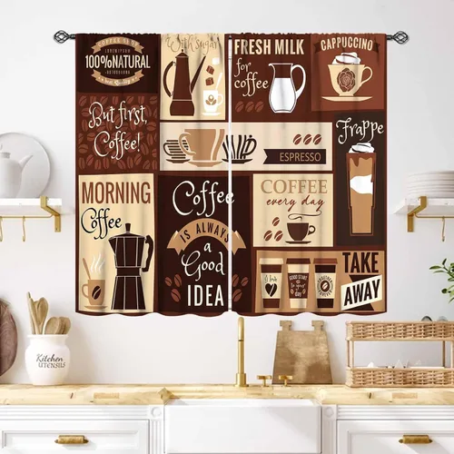Vista 20 de Cortinas de cocina rústicas, color negro y blanco, tablón de madera con cuchillo y cuchara para barra, bolsillo para barra, tratamiento de ventana