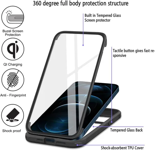 Vista 2 de Glass+ Funda compatible con iPhone 12/12 Pro de 6.1 pulgadas, 2020 funda transparente de cuerpo completo con protector de pantalla de vidrio