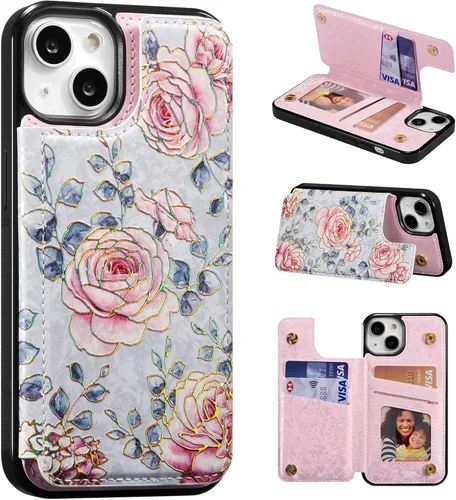 Vista 44 de UEEBAI Funda tipo cartera para iPhone 13 con tarjeteros, piel sintética, diseño floral, función atril, bloqueo RFID, doble cierre magnético, funda