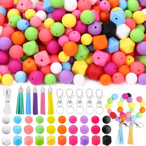 Vista 8 de Vellibring 121 piezas de abalorios de silicona para kit de llaveros, abalorios de goma redondos de 12 mm y 15 mm, poligonales de 14 mm, abalorios