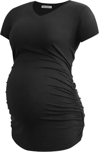 Vista 2 de Smallshow Ropa de maternidad con cuello en V para mujer, camiseta de embarazo fruncida lateral