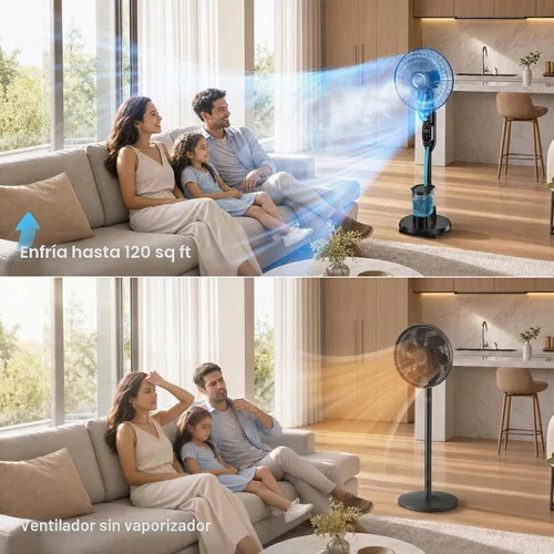 Vista 3 de Misting Fan, Standing Fan 8 Blades with Humidifier, Oscillating Fan with 3 Misting Modes 9 Speeds 7H Timer, Quiet Fan for Bedroom