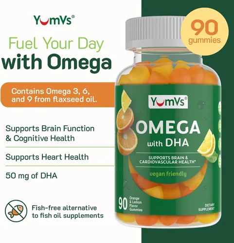 Vista 8 de YUM-V'S - Gomitas veganas Omega-3 DHA, limón y naranja (90 unidades) Soporte para el cerebro, los ojos y el corazón con DHA de algas y linaza