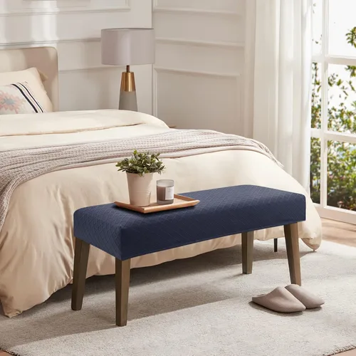 Vista 6 de YISUN Fundas de banco para comedor de Jacquard, funda elástica lavable y extraíble para banco, protector de asiento rectangular para bancos de Azul