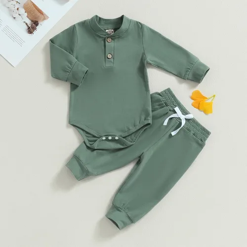 Vista 3 de Ropa de bebé recién nacido, ropa de punto acanalado, manga larga, pantalones de algodón sólido, trajes de otoño e invierno, 2 piezas
