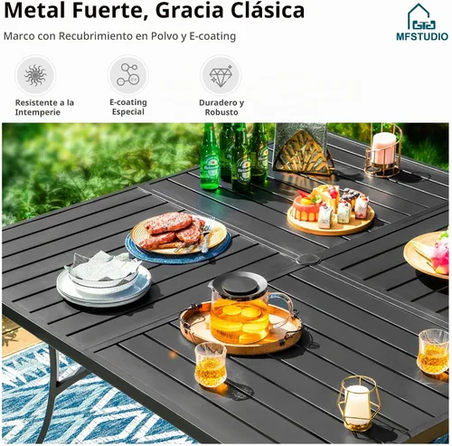 Vista 4 de MFSTUDIO Mesa de comedor al aire libre cuadrada de 60" de metal, mesa grande de patio con 8 plazas y agujero ajustable para sombrilla para terraza