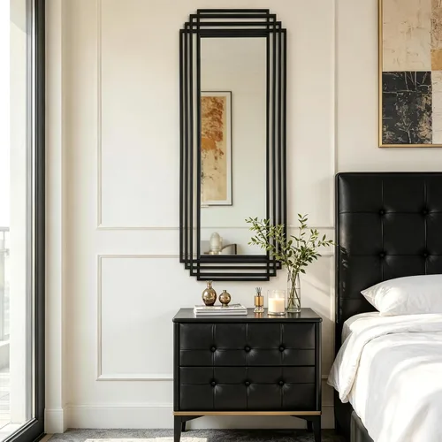 Vista 17 de Espejo de pared rectangular decorativo de 24 x 18 pulgadas con marco de metal negro Geometric Design, HD Mirror, Horizontal/Vertical Hanging, Art