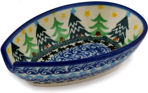 Vista 11 de Auténtico soporte de cuchara de cerámica polaca en diseño de amapolas azules hecho a mano en Bolesławiec Polonia por Ceramika Artystyczna +