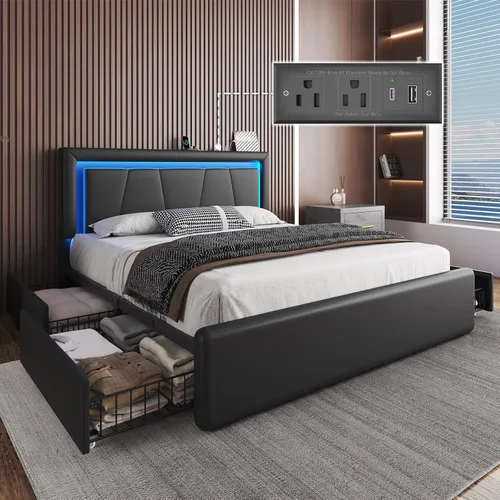 Vista 11 de Base de cama tamaño individual con 4 cajones de almacenamiento, luz LED, tapizado negro Platform Bed, Charging Station, Adjustable Headboard, PU