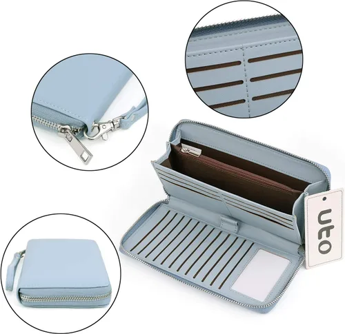Vista 4 de UTO Cartera de cuero con cremallera alrededor de tarjetero organizador de pasaporte para damas con cartera de viaje con correa de muñeca