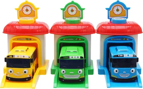 Vista 2 de Tayo pequeño autobús con estación para lanzar autos, set Rogi Tayo Rani