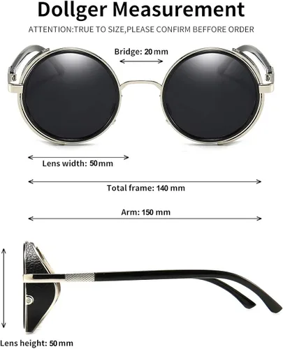 Vista 5 de Dollger Steampunk - Gafas de sol redondas retro vintage con marco circular de metal Negro