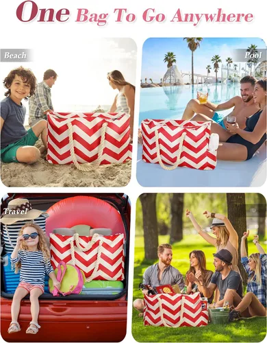 Vista 5 de Allinside Bolsa de playa a rayas onduladas para mujer, bolsa de playa extra grande, impermeable, bolsa de fin de semana para gimnasio, playa