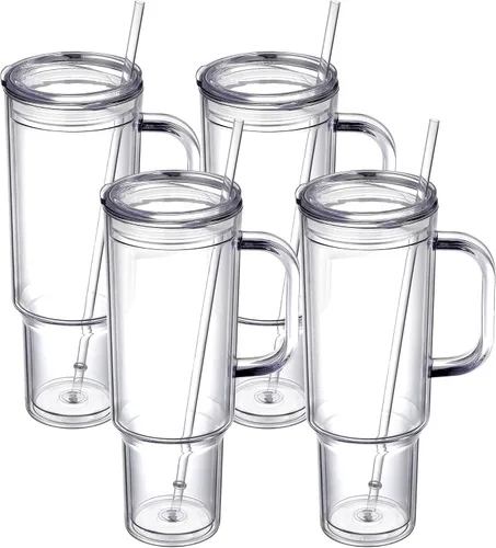 Vista 9 de Vaso de plástico de 40 onzas con asa y tapa de pajilla, vaso transparente, botella de agua de plástico reutilizable de doble pared al vacío, taza