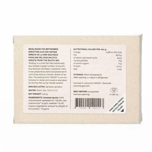 Vista 2 de Fangst Brisling No. 1 Sardinas nórdicas en lata ahumadas con brezo y manzanilla 3 latas de 3.53 oz