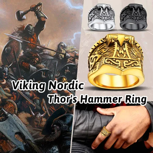 Vista 3 de FaithHeart Norse Viking Jewelry - Anillo de acero inoxidable de guerrero para hombre con diseño vikingo de cabeza de lobomartillo de Thor