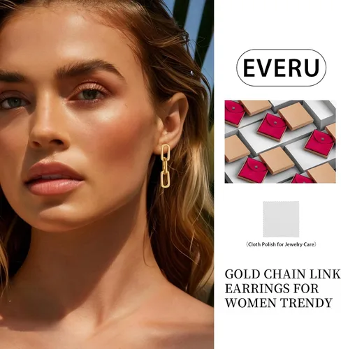 Vista 5 de Aretes de cadena de oro Aretes colgantes de plata de ley 925 con eslabones de cadena de clip Regalo para mujer