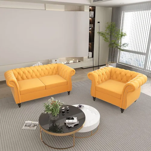 Vista 37 de QHITTY Juego de 2 piezas para sala de estar, Sofá Seccional Chesterfield Silla Contemporáneo Tapizado de Terciopelo Loveseat Juego de Sofás