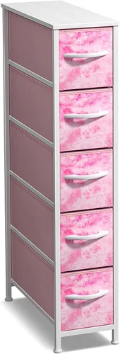 Vista 19 de Sorbus Cómoda estrecha con 4 cajones - cómoda de almacenamiento vertical delgada con marco de acero, parte superior de madera y contenedores de tela