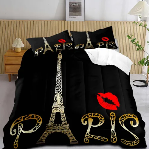 Vista 9 de LUVIVIHOME Juego de edredón de París de 2 piezas, tamaño individual, juego de ropa de cama de la Torre Eiffel francesa, juego de ropa de cama