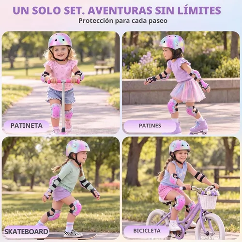 Vista 7 de Casco para niños, casco de bicicleta para niños pequeños con pegatinas DIY Unicornio, rodilleras y coderas ajustables, juego de protección para Rosa
