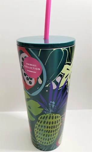 Vista 4 de Starbucks Hawaii Collection - Vaso de acero inoxidable de 24 onzas con diseño de hojas de palmera