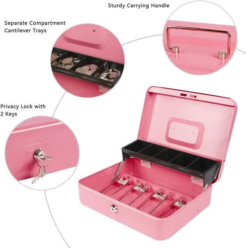 Vista 4 de KYODOLED Caja de dinero con cerradura con cerradura, caja de dinero con bandeja para efectivo, caja fuerte con cerradura con llave, organizador