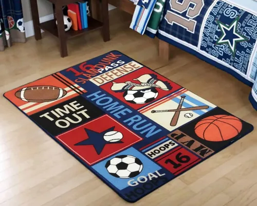 Vista 8 de HUAHOO Alfombra deportiva azul para niños, alfombra deportiva de nailon para niños y niñas, alfombra estampada con pelota de fútbol, baloncesto