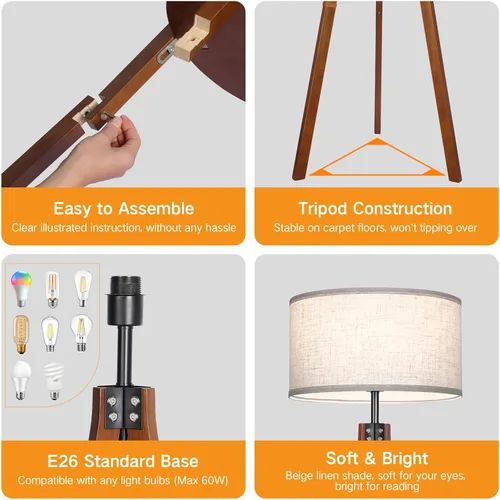 Vista 5 de OUTON Lámpara de pie con trípode de madera regulable con estantes, control remoto, lámpara de pie moderna de mediados de siglo de 58.5 pulgadas