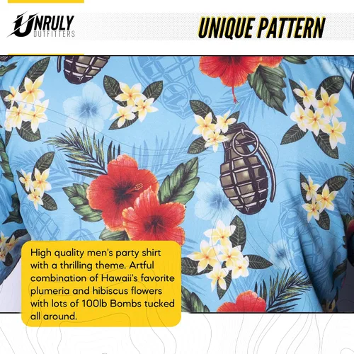 Vista 4 de Unruly Outfitters Camisa hawaiana para hombre, diseño de granadas azules con botones, divertidas camisas con armas de flores con pistolas